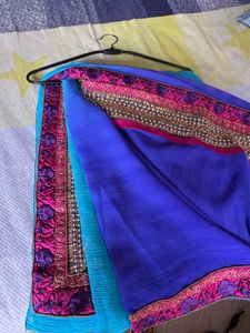 Blue &amp; Teal Embroidered Saree