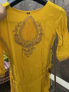 Yellow Embroidered Kurti With Attached Shrara