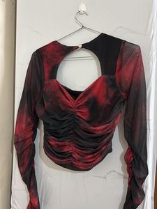 Red &amp; Black Mesh Long Sleeve Top