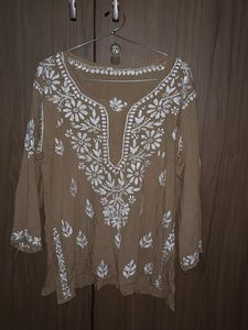Chikankari Brown Short Kurti