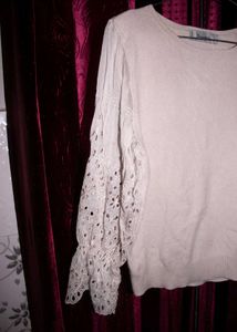 Elegant Cream Sweater w/ Lace Sleeves