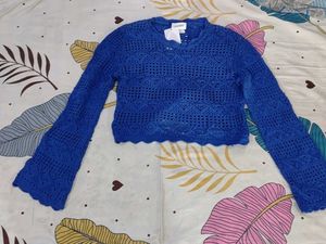 Blue Crochet Knit Long Sleeve Top