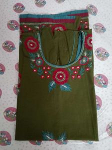 Pure Cotton Olive Green Embroidered Kurti