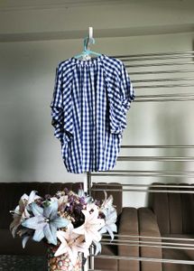Blue Gingham V-Neck Blouse