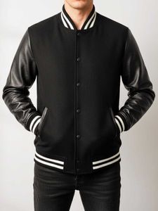 Varsity Bomber Jacket Black Faux Leather Sleeves