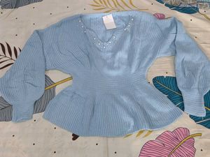 Chic Blue Knit Peplum Sweater