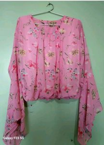 Pink Floral Top, Frill And Long Sleeve
