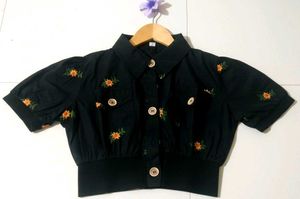 black cute sunflower embroidered crop shirt top