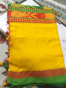 Linen Saree Yellow Red Green C