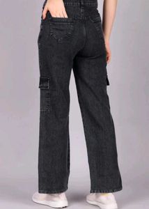 Wide Leg Black Denim Cargo Jeans