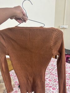 Brown Ribbed Long Sleeve Top