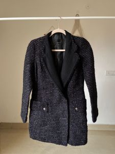 Elegant BLack-Purple Tweed Blend Coat