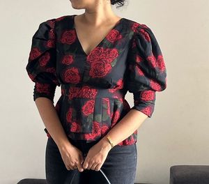 Floral Puff Sleeve Peplum Top