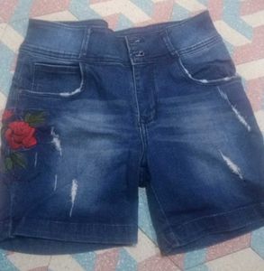 Rose Embroidered High-Waisted Denim Shorts