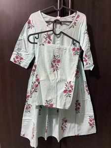 Blue Cotton Floral Dress With Plazzo