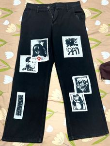 Unique Patchwork Black baggy straight legJeans