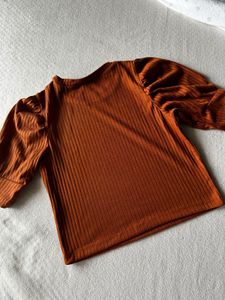Rust Ribbed Puff Sleeve Top -S