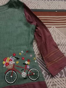 Green Kurti with Bicycle Embroidery