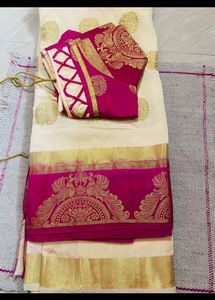 Pink Creamy Contrast Saree With Blouse
