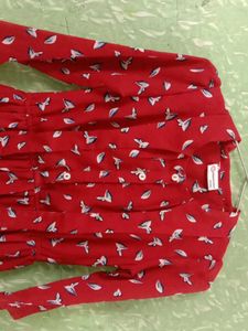 Red Bird Print Button-Down Dress