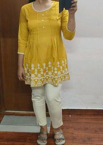 Mustard Tunic With Beautiful White Embroidery