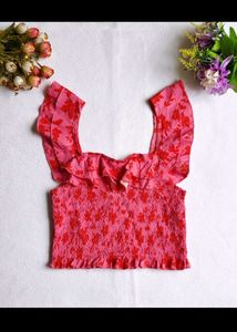 Pink Floral Ruffle Smocked Crop Top