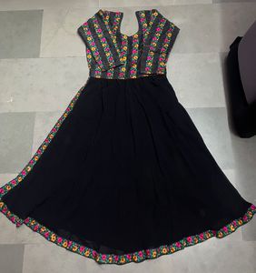 Side Cut Floral Embroidered Black Kurta