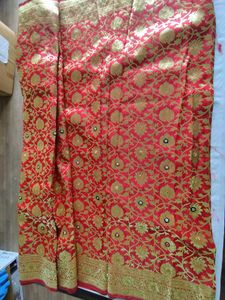 Red With Gold Floral Print Saree (Women&#39;s)