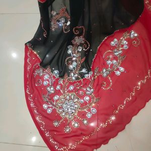 red and black party wear heavy work saree