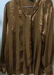 Brown Striped Tie Neck Blouse