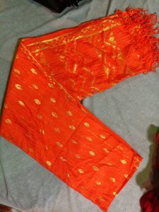 UNUSED BANARASI RUSSEL SILK GOLD ZARI WORK ORANGE DUPATTA