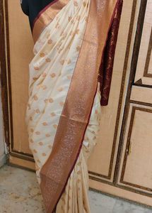 beautiful 😍 Cream &amp; Maroon slik pattu Saree 🔥