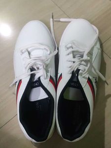 White Sneakers with Red & Navy Stripes