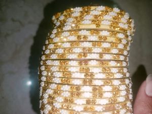 Cream, Golden White Work On Bangles