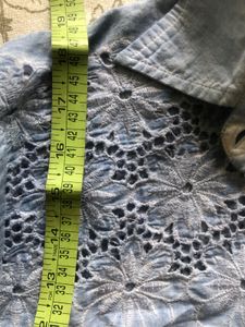 Crop Blue Floral Embroidered Shirt Off Shoulder