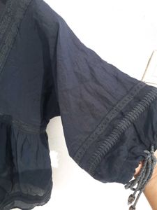 Dark Blue Embroidered V-Neck Blouse