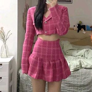 Chic Pink Skirt Set Plaid Korean Aesthetic