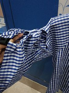 Blue &amp; White Checkered Top puff sleeves