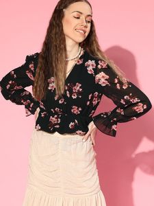 Black & White Floral Print Bishop Sleeves Georgett