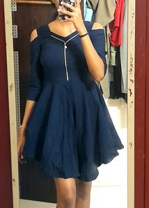 Navy Cold Shoulder Fit & Flare Dress