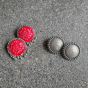 Stud Earrings - Red & Silver