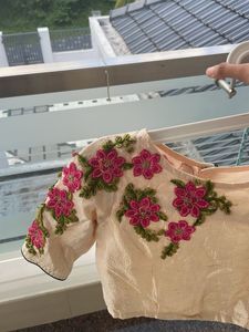 Cream Raw Silk Blouse with Floral Embroidery