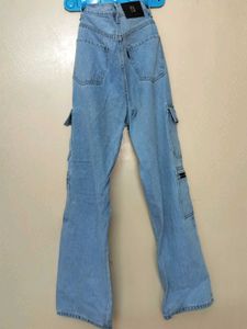 Light Blue High Rise Straight Leg Cargos Jeans