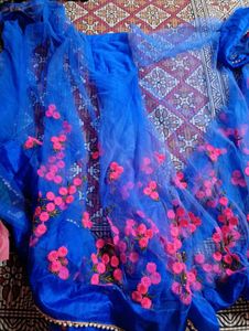 Blue Ready To Wear Net Saree With Padded Blouse