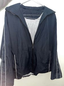 Navy Windbreaker Jacket With White Strips On Arms
