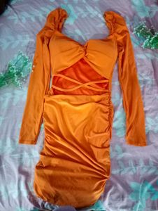 Bold Orange Bodycon Dress with ruched Sleeves