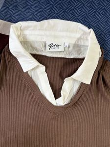 Gia Brown Ribbed Collar Top