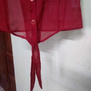 Red Sheer Button-Down Top