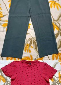 Grey Korean Trouser And Red Crop Top