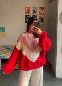 Red Colorblocked Knit Sweater
